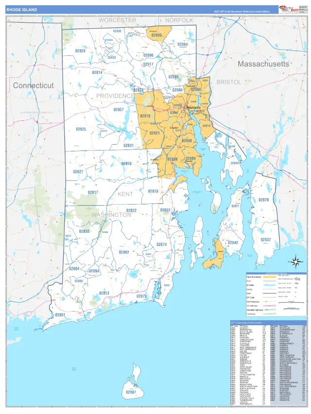 Rhode Island State ZIP Code Wall Map, Business Reference style