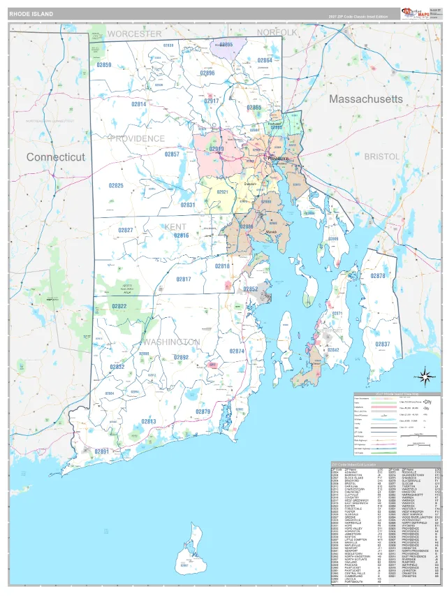 Rhode Island State ZIP Code Wall Map, Classic style