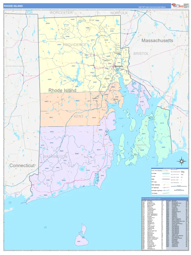 Rhode Island State ZIP Code Wall Map, ColorCast style