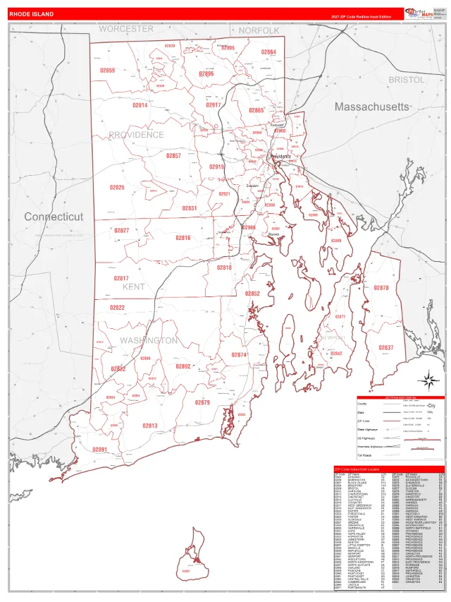 Rhode Island State ZIP Code Wall Map, RedLine style