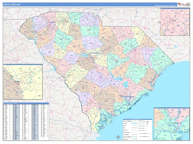 South Carolina State ZIP Code Wall Map, ColorCast style