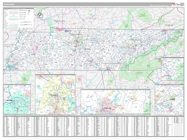 Tennessee State ZIP Code Wall Map, Classic style