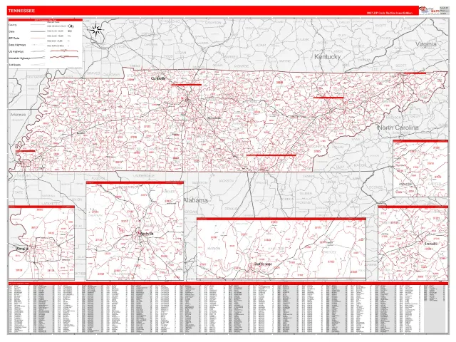 Tennessee State ZIP Code Wall Map, RedLine style