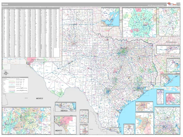 Texas State ZIP Code Wall Map, Classic style