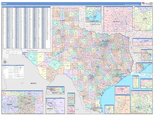 Texas State ZIP Code Wall Map, ColorCast style