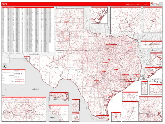 Texas State ZIP Code Wall Map, RedLine style