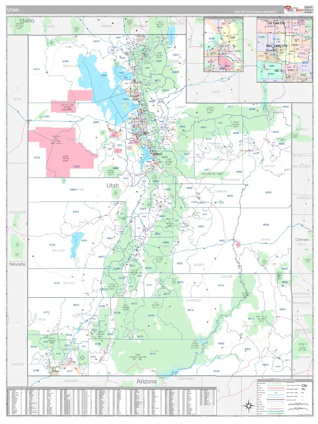 Utah State ZIP Code Wall Map, Classic style