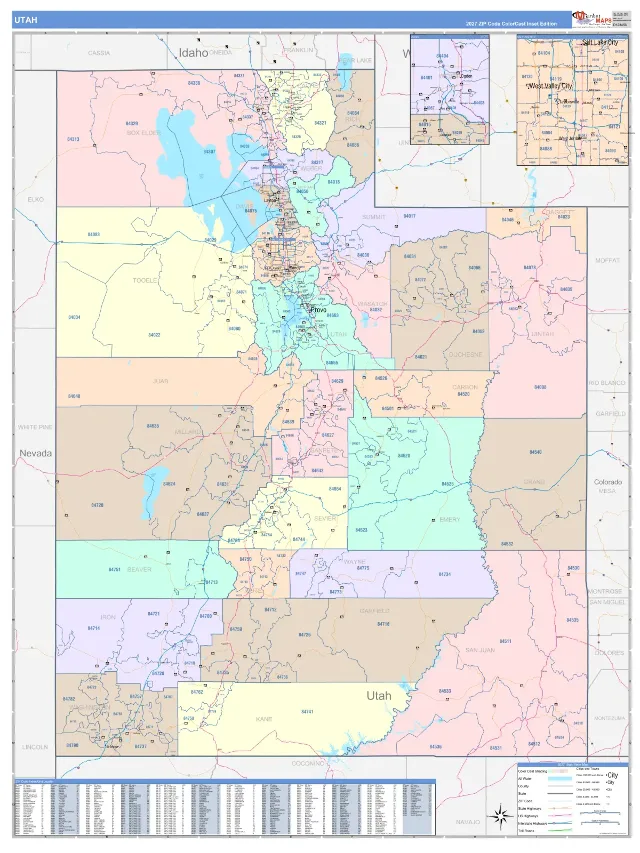Utah State ZIP Code Wall Map, ColorCast style