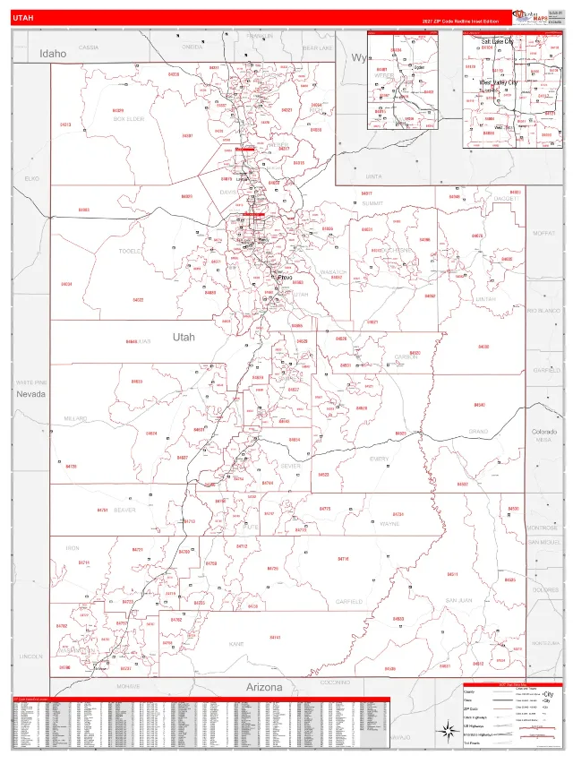 Utah State ZIP Code Wall Map, RedLine style