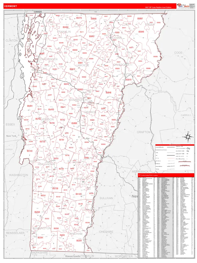 Vermont State ZIP Code Wall Map, RedLine style