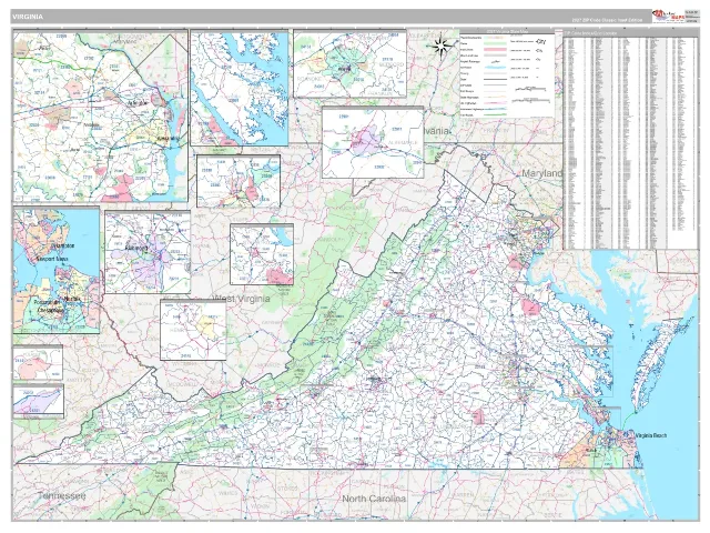 Virginia State ZIP Code Wall Map, Classic style