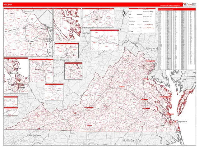Virginia State ZIP Code Wall Map, RedLine style