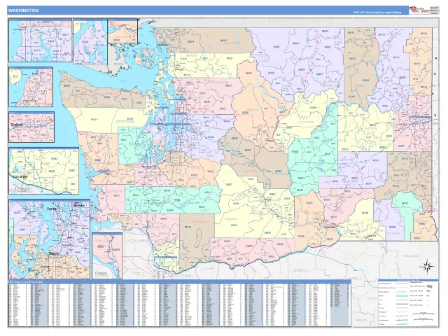 Washington State ZIP Code Wall Map, ColorCast style