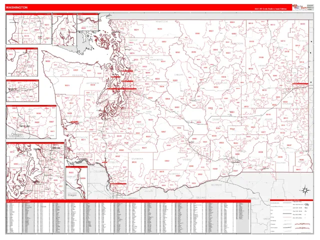 Washington State ZIP Code Wall Map, RedLine style