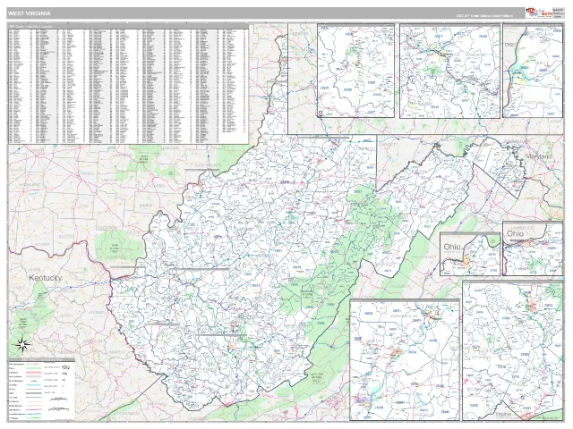 West Virginia State ZIP Code Wall Map, Classic style
