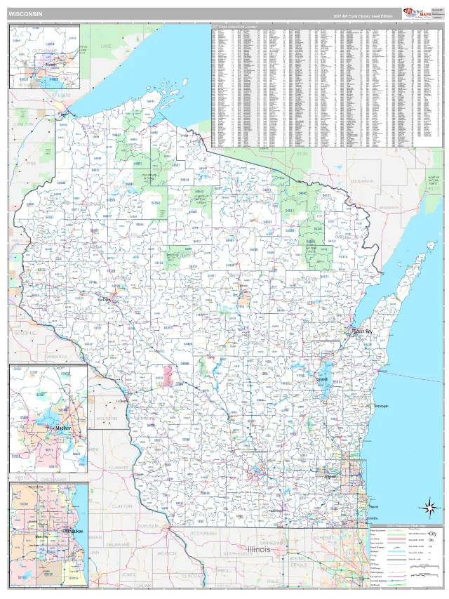 Wisconsin State ZIP Code Wall Map, Classic style