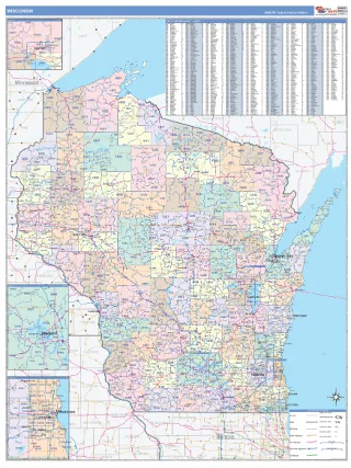Wisconsin ColorCast style ZIP Code wall map