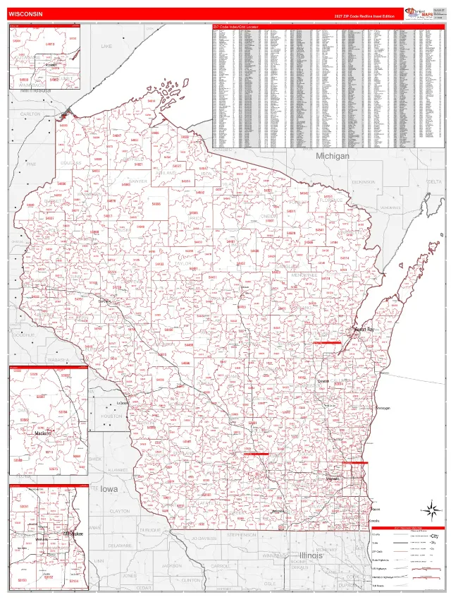 Wisconsin State ZIP Code Wall Map, RedLine style