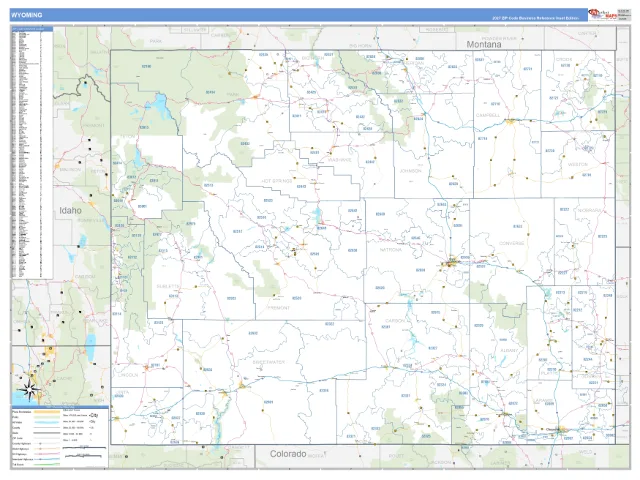 Wyoming State ZIP Code Wall Map, Business Reference style