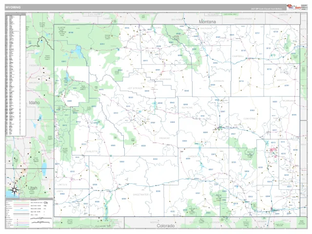 Wyoming State ZIP Code Wall Map, Classic style