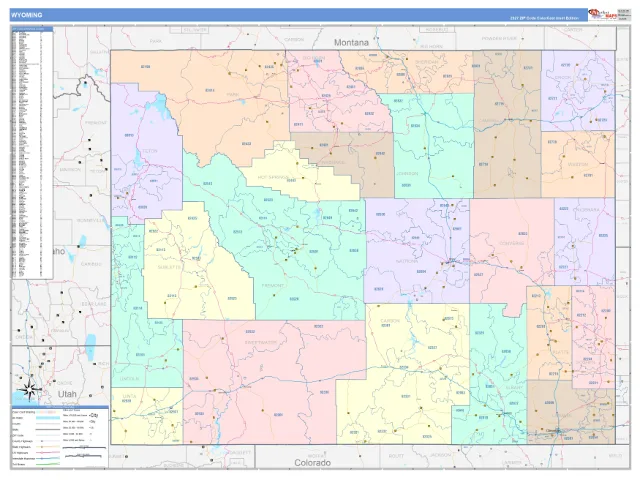 Wyoming State ZIP Code Wall Map, ColorCast style